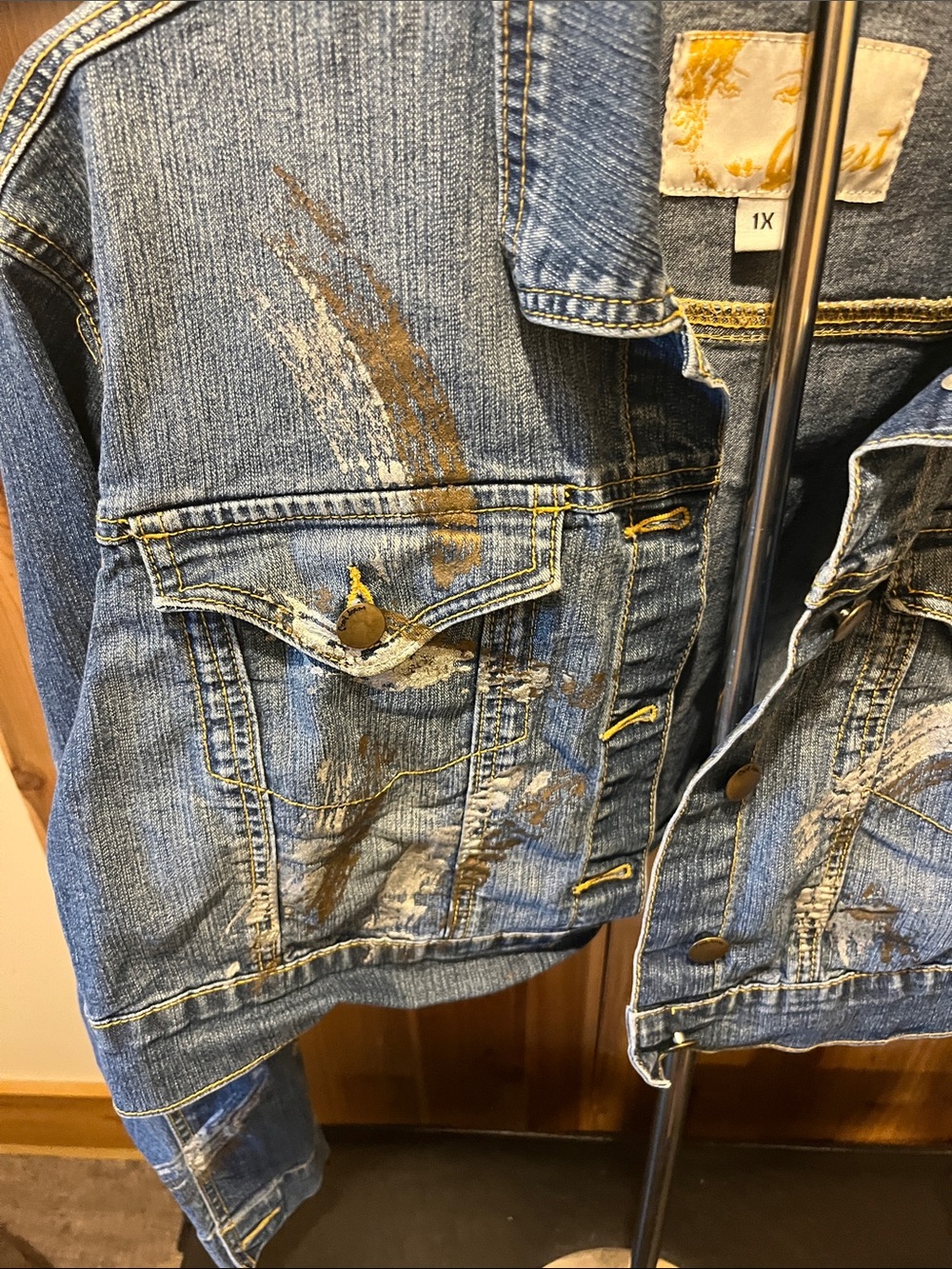 Crest Blue Denim Jean Jacket with Paint Detail - Picture 4 of 8